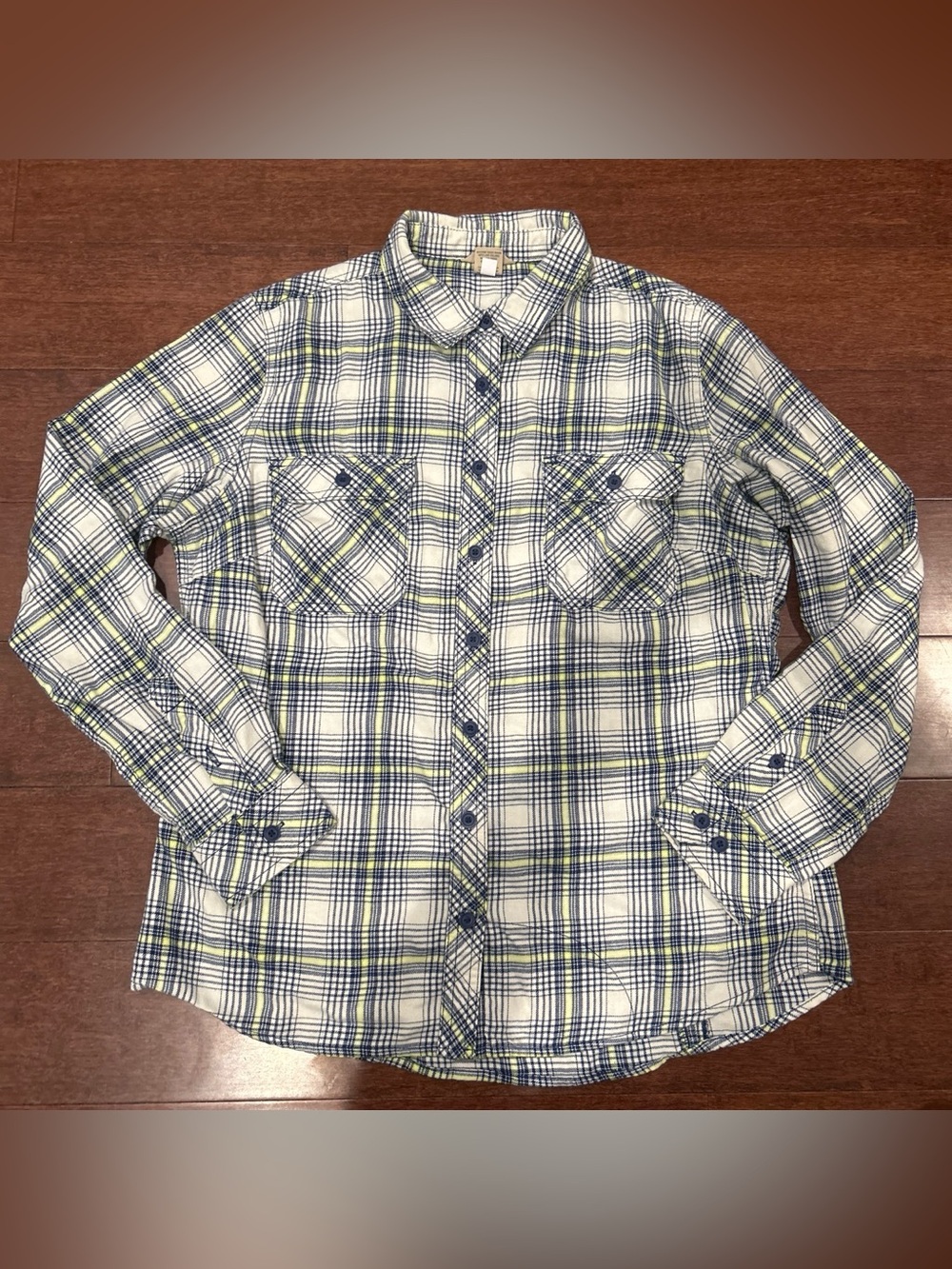 Duluth Trading Co Plaid Flannel Cotton Shirt Large Navy Lime Workwear Button Up